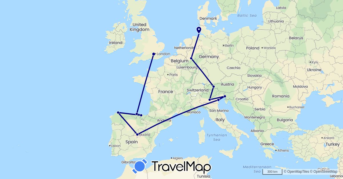 TravelMap itinerary: driving in Austria, Germany, Spain, United Kingdom, Italy (Europe)